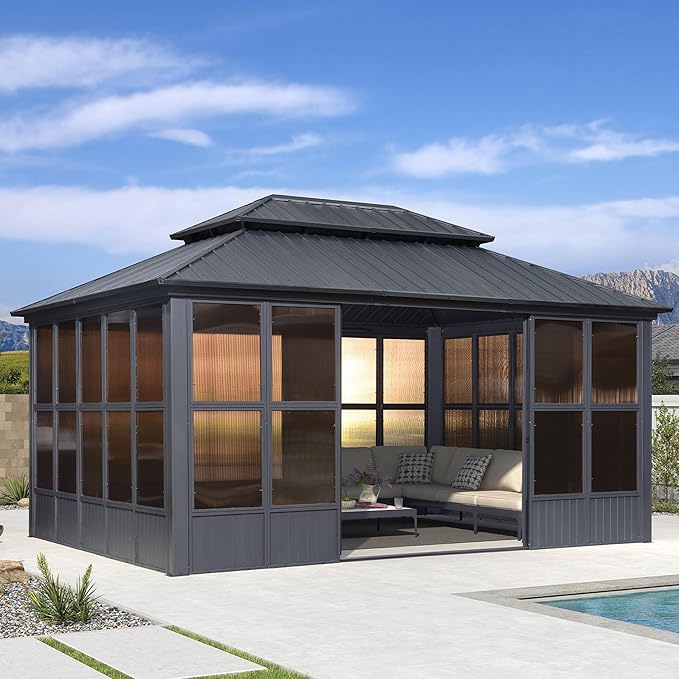 PURPLE LEAF 12' X 16' Solarium Sunroom Permanent Hardtop Gazebo Galvanized Steel Double Roof Aluminum Outdoor Screen House for Lawn Deck Backyard Grey