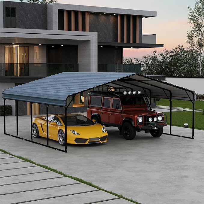 EROMMY 20x20 FT Stable Metal Carport, All-Weather Heavy-Duty Carports with Strong Base, Sturdy Car Shed with Galvanized Steel Roof and Frame, Easy Assembly Car Port for 2 Cars, Tractors, Boat, Gray
