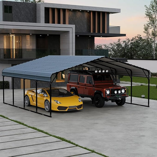 EROMMY 20x20 FT Stable Metal Carport, All-Weather Heavy-Duty Carports with Strong Base, Sturdy Car Shed with Galvanized Steel Roof and Frame, Easy Assembly Car Port for 2 Cars, Tractors, Boat, Gray