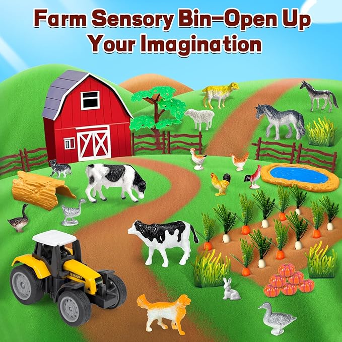 Bloolilies Sensory Bin, 59 Pcs Farm Sensory Sand Box Kits with Sandbox & Farm Animals & Tractor Playset, Play Sand Art Kit Magic Sand Toys for Boys Girls Toddlers Birthday Easter Valentines Gift