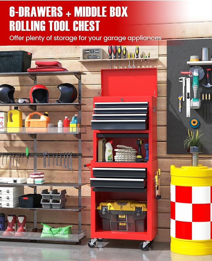 ARNOT 2-in-1 Rolling Tool Chest with 5 Drawers, Heavy-Duty Metal Tool Box with Wheels, Detachable Top Tool Box & Rolling Tool Cabinet for Garage, DIY (6-Drawers Whith Middle Box, Red+Black)
