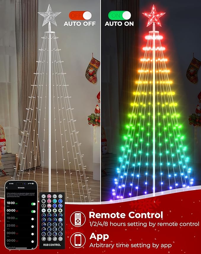 8FT Outdoor Christmas Tree Decorations Smart App Control, DIY Patterns Prelit Multicolor Outdoor Christmas Tree Light Show, Waterproof Magical String Lights with Remote Music Timer for Yard