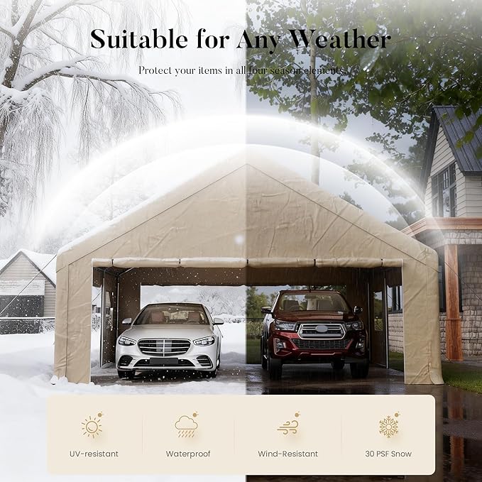 20x20ft Heavy Duty Carport, Canopy with Roll-up Ventilated Windows & Side Door All Weather, Easy Assembly Portable Car Shelter for Garage/Storage/Party