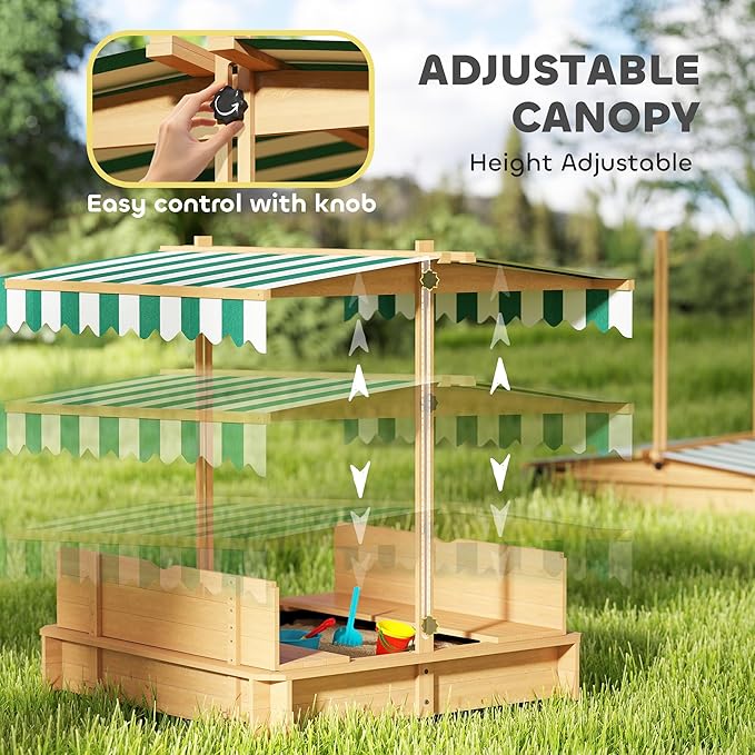 Outsunny Wooden Sandbox with Lid, Kids Sandbox with Canopy Outdoor, Sand Box with Foldable Bench Seats and Sand Protection, Bottom Liner Included, Kids Gift for Aged 3-7, 47X47 in, Brown