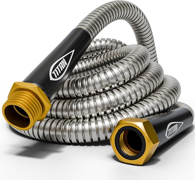 TITAN Garden Hose 15FT - 304 Stainless Steel Metal Water Hose, Flexible, Kink-Free, Lightweight, Durable, Crush Resistant Fittings, Easy to Coil, 500 PSI