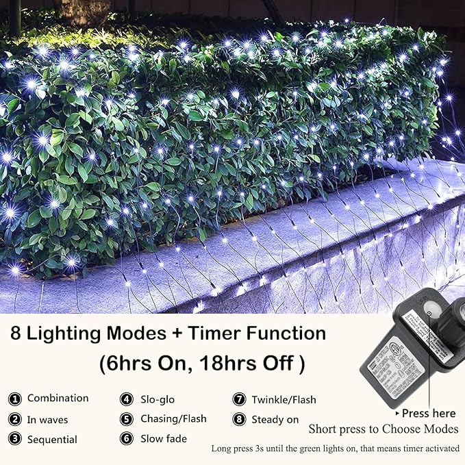 Joomer Christmas Net Lights - 12FT x 5FT 360 LED Plug-in Mesh Lights, Waterproof with 8 Modes, Timer, Connectable for Bushes, Trees, Garden, Outdoor Christmas Decor (Green Wire, White)