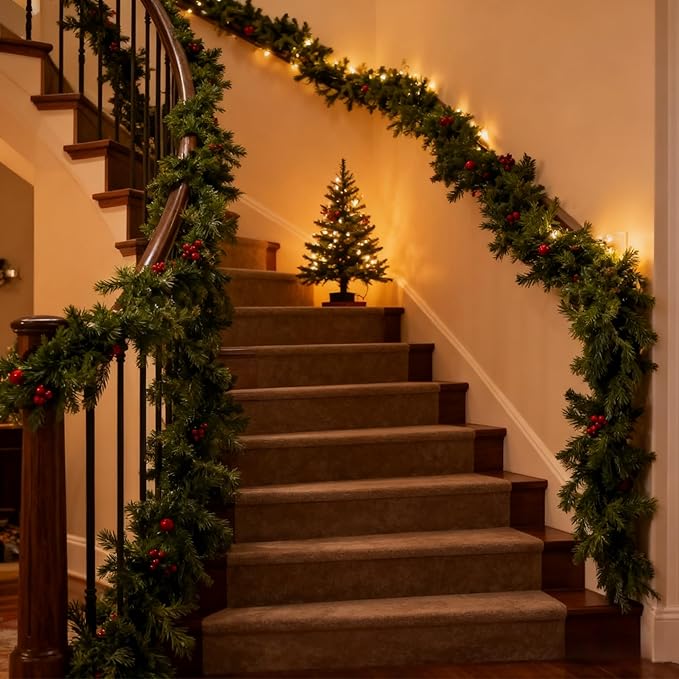 Christmas Garland 9FT Real Touch Artificial Pine Garland, Christmas Greenery Garland for Mantle Decorations, Christmas Garland for Stairs Railing, Wall, Table, Indoor Outdoor Holiday Decor