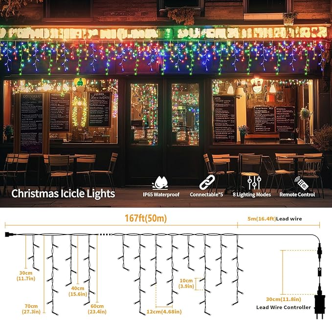 Icicle Lights for Outside, 167ft 1760 LED Icicle Christmas Lights Outdoor Waterproof, 352 Drops with Remote, 8 Modes & Dimmable, Timer for Christmas, Wedding, House, Roof Decoration, Multicolor