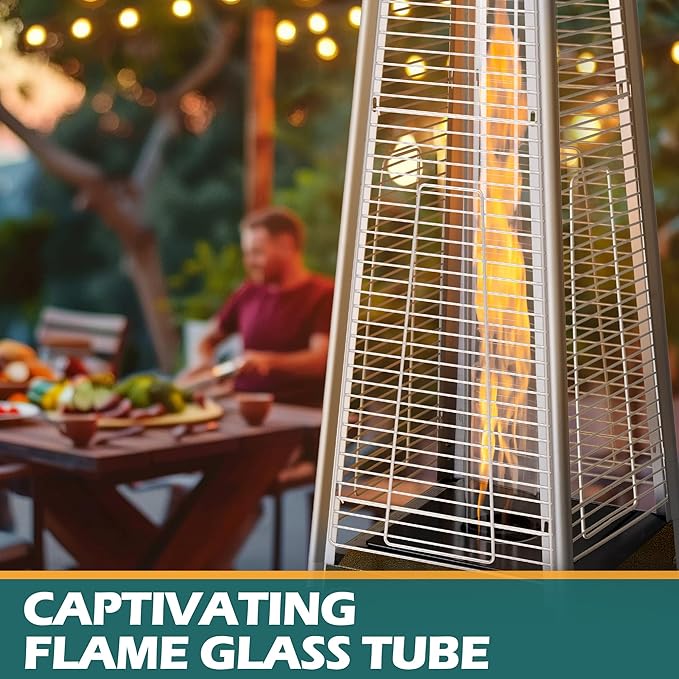 48,000 BTU Flame Pyramid Pool Heater With Cover, Triple Safety Protection Portable Patio Heater with Patio Cover, Warm Glass Tube with Durable Wheels-Brown