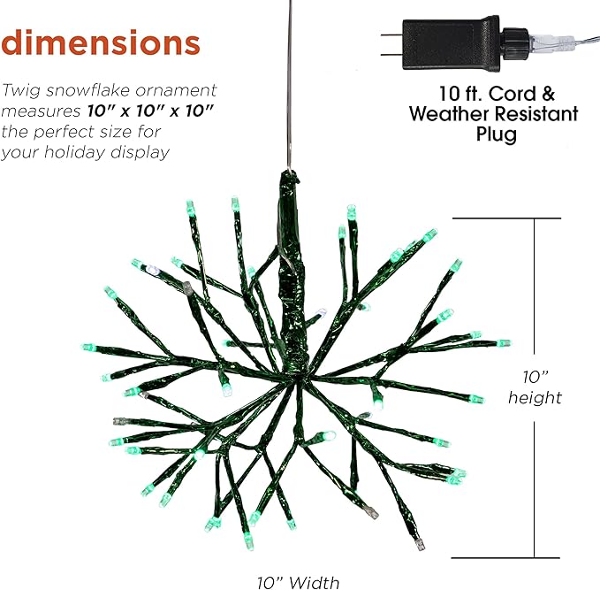 Alpine Corporation 10"H Indoor Christmas Twig 3D Hanging Snowflake Ornament with LED Lights, Green , Christmas Decoration