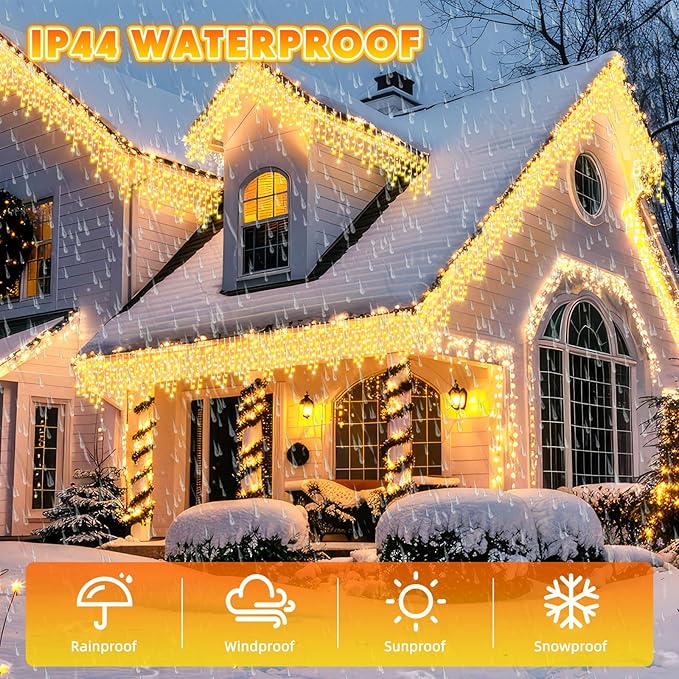 118 ft 1248 LED Christmas Outdoor Icicle Lights LED Fairy String Hanging Lights Waterproof with 8 Modes Timer for Christmas Decorations Wedding Holiday Party Roof Yard, Warm White