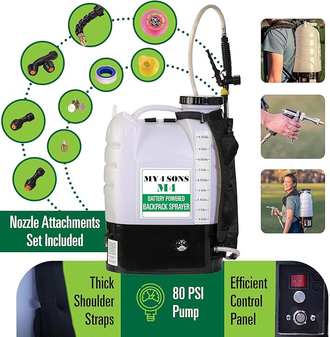 Backpack Sprayer - MY4SONS Silver M4 4-Gallon Cordless Battery Powered with Rechargeable Power Supply and 15ft Hose - Liquid Sprayer Backpack - Electric Spray for Lawn, Garden, Ground Cleaning & More