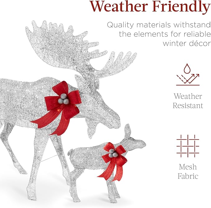 Best Choice Products 2-Piece Moose Family, Lighted Outdoor All-Weather Christmas Yard Decoration Light-Up Décor Set w/ 170 LED Lights, Ground Stakes, Zip Ties - Silver
