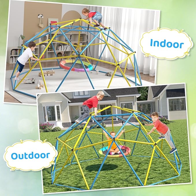 Climbing Dome,10 FT Dome Climber with Rainbow Saucer Swing Outdoor&Indoor Anti-Rust Metal Jungle Gym For Backyard Play Equipment Geometric Dome Toddler Climbing Toys Great Gift for Kids Aged 3 to 8