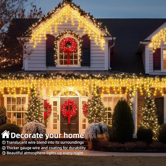 Christmas Outdoor Icicle Lights - 480 LED 66+33 FT 8 Modes Curtain Fairy String Light Plug in, Waterproof for Eaves Yard Holiday Xmas Holiday Indoor Outdoor Decoration - Warm White