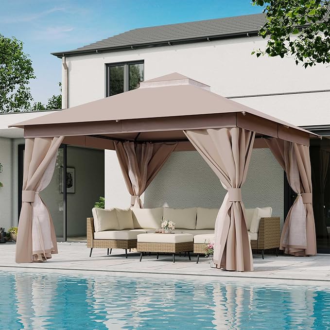 LAUSAINT HOME Semi-Permanent Patio Gazebo 12'x12' with Expansion Bolts, Outdoor Heavy Duty Party Shelter with Double Roofs, Mosquito Nettings and Sidewalls for Backyard, Garden, Lawn, Champagne Khaki