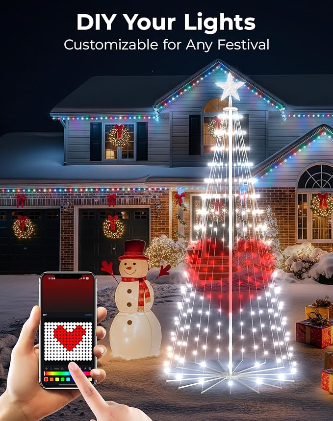 6ft DIY Outdoor Christmas Trees for Yard with 47 Prelit Lights 265 LED Christmas Tree Lights Color Changing Sync Musical APP & Remote Control Christmas Tree Light Show for Multicolor Decorations