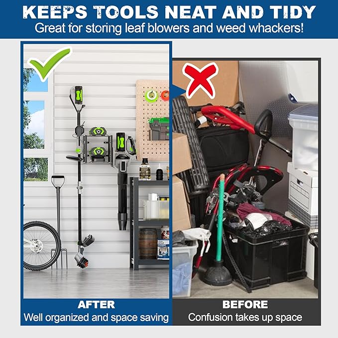 Pugala Universal Storage Rack for Leaf Blower, Weed Eater, and Power Tools ? Adjustable Wall Mount Organizer with Heavy-Duty Steel, Powder-Coated Finish, and Battery Storage ? Black