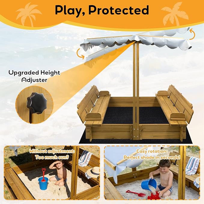 Kids Sandbox with Canopy & 2 Benches - 47 Large Wooden Outdoor Sand Box, Adjustable Weatherproof Cover, Easy-Fold Lid, Gift for Toddlers Ages 2-8, Backyard, Patio