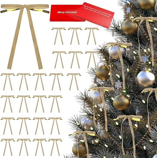 24 Pcs Velvet Bows for Christmas Tree Ribbon Bows for Home Tree Garland Wreath Indoor Rustic Crafts Gift Xmas Decorations Holiday Wedding Outdoor (Khaki)