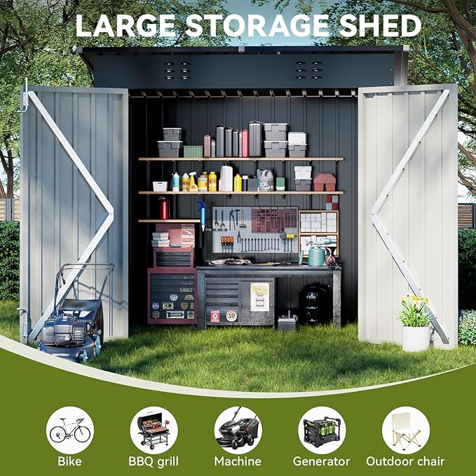 COMHOMA Shed Outdoor Storage Shed Metal,Lockable Doors Tool Sheds with Sloping Roof,Steel Garden Shed with Air Vent for Backyard,Patio,Lawn,Poolside (Grey, 6'*4')