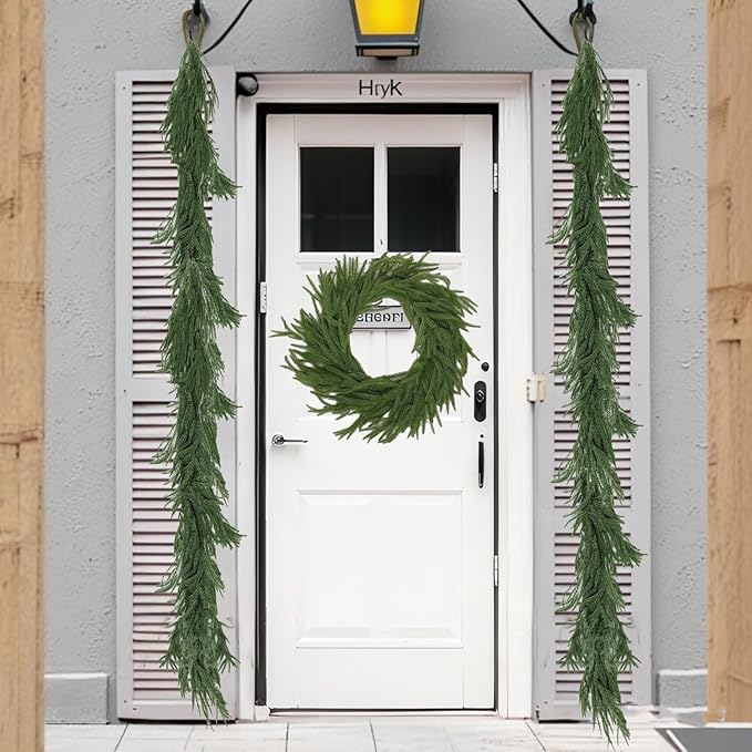 6FT Artificial Norfolk Pine Garlands for Christmas Decorations,Real Touch 2 PCS Winter Faux Greenery Garlands for Mantel Table Stair Fireplace Wall Holiday Indoor Outdoor Decor