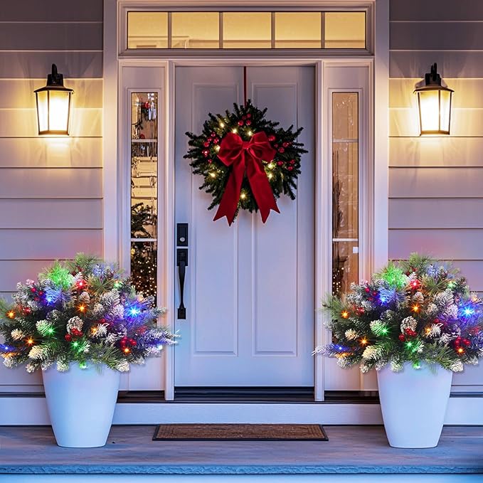 Timer Dual Color Change 2 Pack Christmas Tree Outdoor Urn Filler 24Inch Artificial Snowy Pinecone Red Berries Tripod Stake Warm White & Colorful Lights Battery Operated 8 Mode Porch Decor Pathway Yard