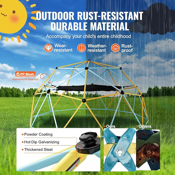 VEVOR Climbing Dome, 10FT Jungle Gym with Hammock and Swing, Geometric Dome Climber Supports 750LBS and Easy Assembly for Kids 3 to 10 Years Old, with Climbing Grip, Outdoor Backyard Play Equipment