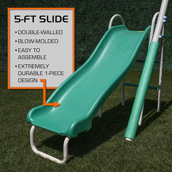 Sportspower Northridge Metal Swing Set, 500 lb Capacity, 32" Saucer, 2 Blow-Molded Swings & 5ft Slide, Durable 6ft Frame, Outdoor Backyard Playset for Kids Aged 3–8