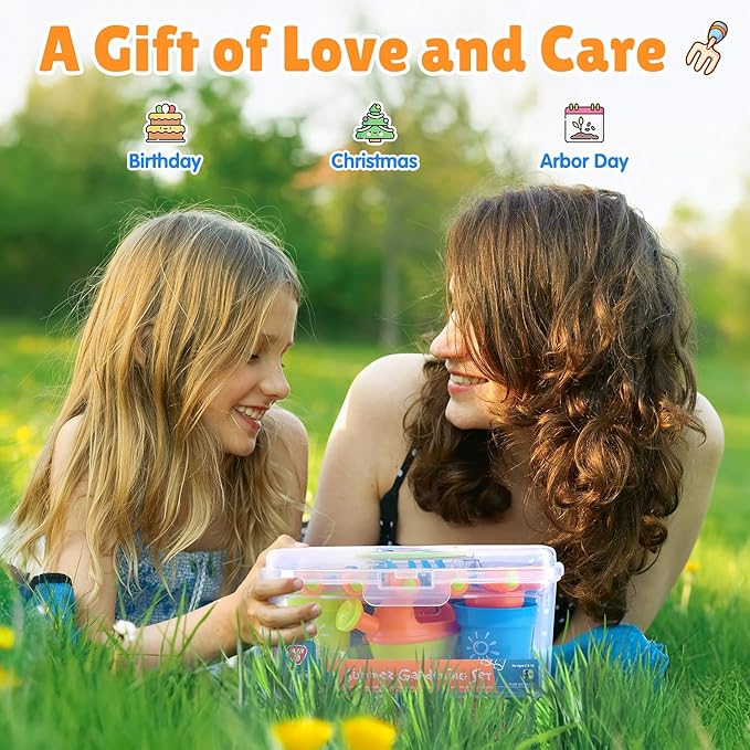PLAY Kids Gardening Set, Garden Tool Set for Kids, Gardening Tools Kit with Shovel, Fork, Spade, Scissors, Flower Pot, Watering Can and Storage Box, Summer Outdoor Toys for Toddlers Boys Girls Gift