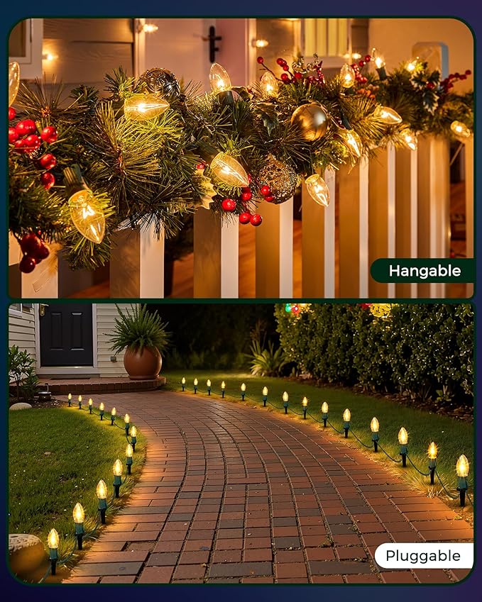 Brightown C9 Christmas Pathway String Lights - Outdoor with 102.8 FT Length, 80 Clear Lights, Waterproof Walkway for Indoor/Outdoor Xmas Party Decor, Warm White