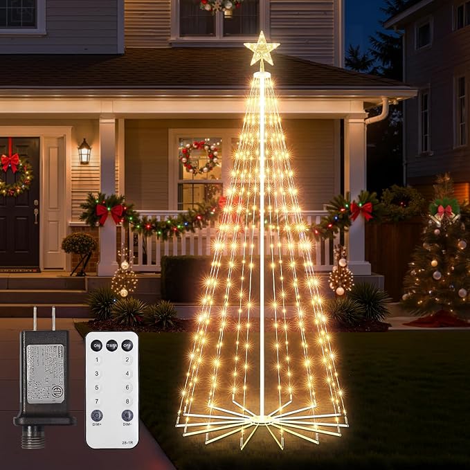 LED Christmas Cone Tree Light with Star Topper, 6ft 265 LED Outdoor Lightshow Christmas Tree with 8 Modes Timer Remote, Dimmable Artificial Tree for Porch Yard Patio Indoor Decorations, Warm White