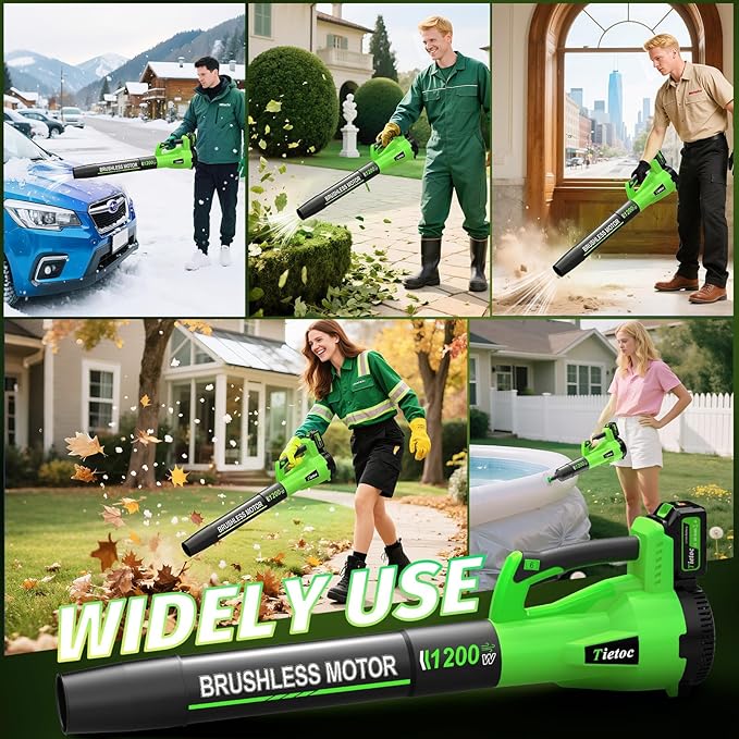 Tietoc Leaf Blower Cordless, 1200W Brushless Electric Leaf Blower with 2 X 5.0Ah Battery, 6 Speed Powerful Leaf Blowers for Garden, Patio, Lawn Care, Gift for Men Dad Husband Fathers (Green)