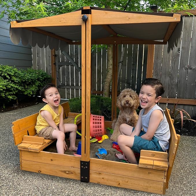 GUTINNEEN Sandbox with Lid and Cover for Kids Outdoor with 2 Foldable Bench Seats, Adjustable Canopy and Sand Protection Liner, 47.2 L x 47.2 W x 51.9 H