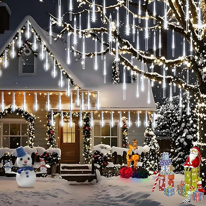 Christmas Lights Outdoor UL Certified 24 Tubes 576 LEDs (Equivalent to 3 Sets of 8 Tubes) Meteor Shower Light Falling Rain Drop Icicle Lights for Christmas Decorations Halloween Decor, White