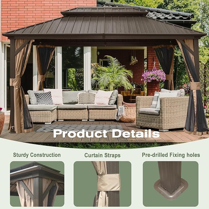 Domi Hardtop Gazebos 10x14FT, Aluminum Metal Gazebo with Galvanized Steel Double Roof Canopy, Curtain and Netting, Permanent Gazebo Pavilion for Patio, Backyard, Deck and Lawn, Brown