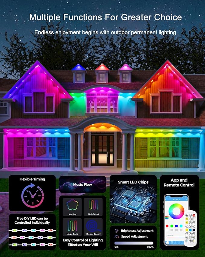Permanent Outdoor Lights - 100FT Smart AI RGB+IC LED with 72 Lights, IP67 Waterproof, 75+ Scene Modes, Alexa/Google/Remote Control Enabled, DIY Music Sync for Christmas, Holiday & Home Decor, White