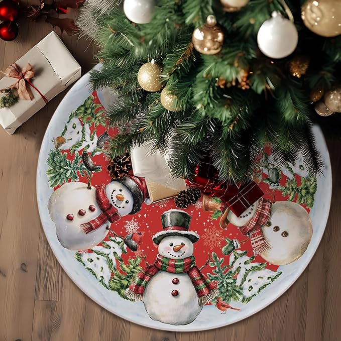 48 Inch Snowman Christmas Tree Skirt – Xmas Tree Mat for 6 to 7.5 Ft Trees, Durable & Soft Christmas Decorations for Home, Living Room, Party, Winter Holiday Decor