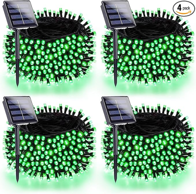 4 Pack 180FT Solar Christmas Lights Outdoor Waterproof, Super Bright 320 LED Solar String Lights with 8 Lighting Modes, Green Wire Solar Twinkle Fairy Lights for Outside Tree Xmas Party Garden(Green)