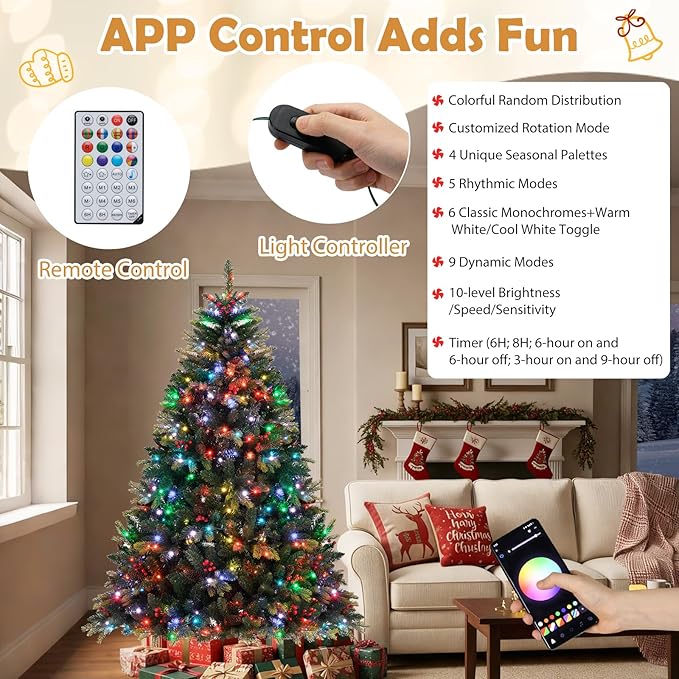GOFLAME 6FT Pre-lit Artificial Christmas Tree, Hinged Xmas Tree with Remote and App Control, 370 Color & Mode Changing RGB Lights, Timer, 1054 Branch Tips, Pine Cones and Red Berries