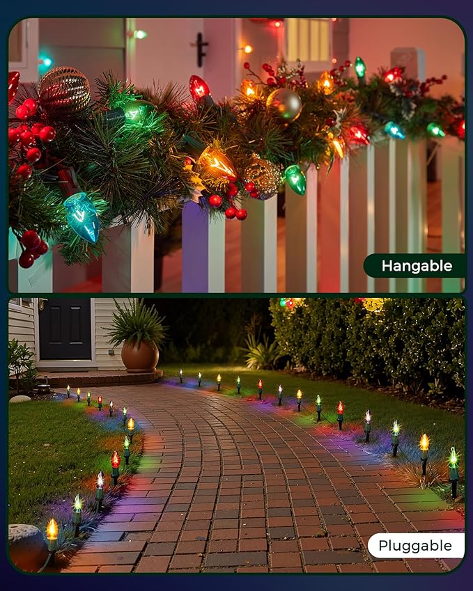 Christmas Pathway Lights Outdoor, 25.7 Feet C9 Lights with 20 Multicolor Bulbs and Stakes, Connectable Outdoor Christmas Decorations Outside Yard Walkway Sidewalk Holiday