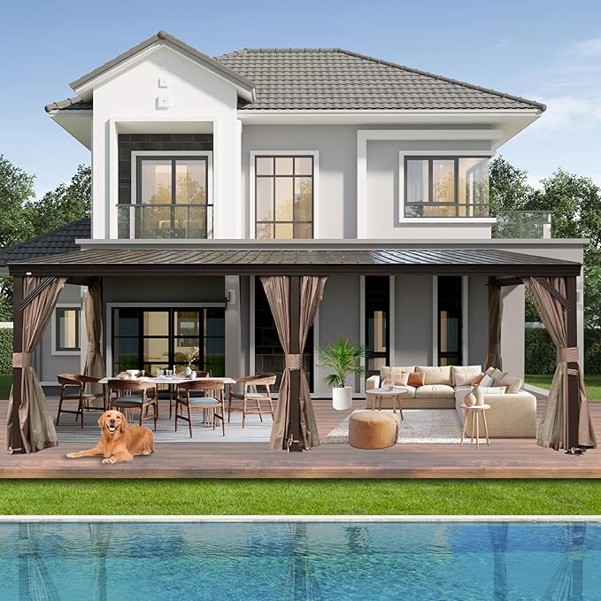 12’ x 20’ Lean to Gazebo, Outdoor Wall Mounted Gazebo Aluminum Frame, Hardtop Pergola with Galvanized Steel Sloping Roof for Patio Deck Garden Backyard, Curtain and Netting Included