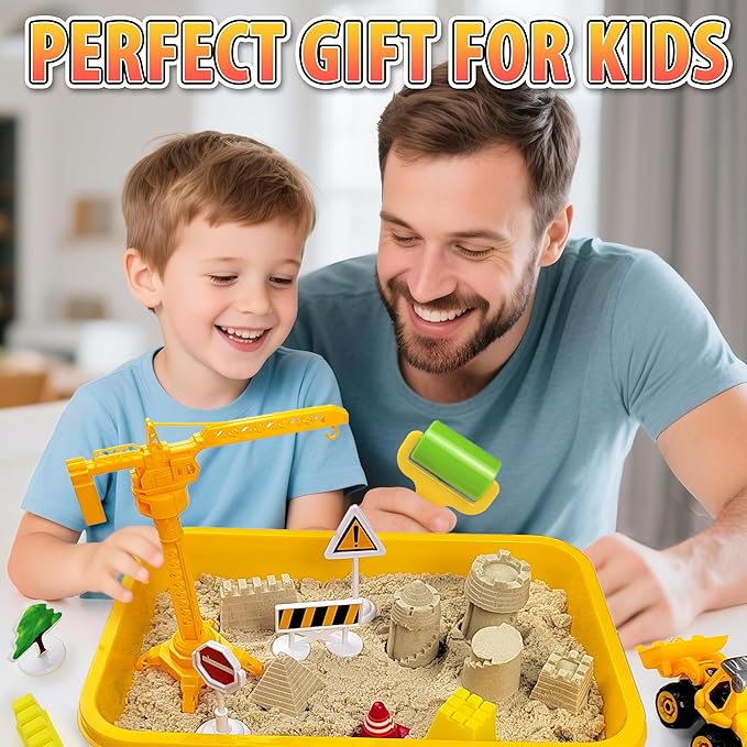 Construction Sensory Bin, Tractor Sand Playset Construction Sandbox with Toy Truck Play Sand and Signs, Sand Art Kit for Kids Ages 3 and up