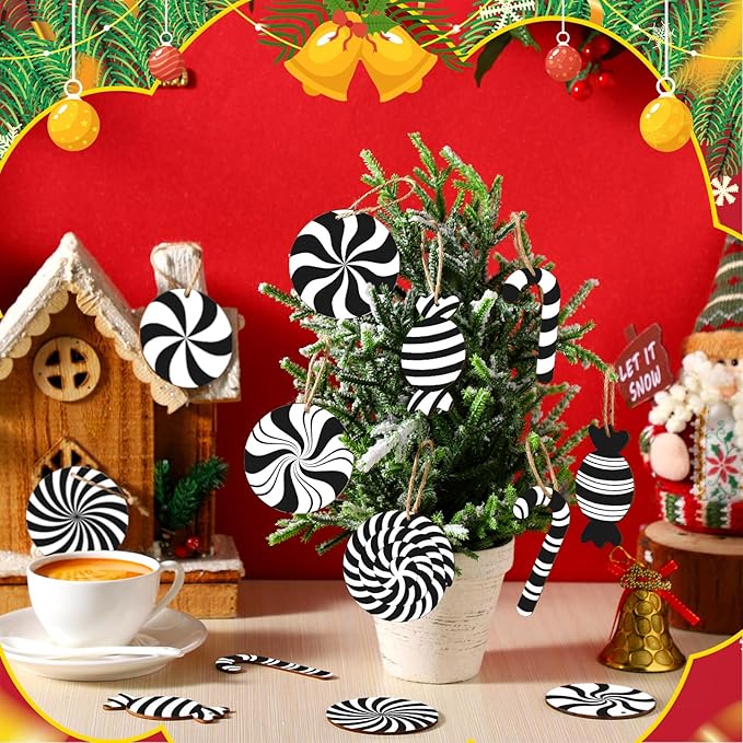 Qunclay 36 Pcs Christmas Candy Hanging Ornaments Wooden Christmas Tree Decorations Black and White Xmas Peppermint Lollipop Ornament Set for Holiday Birthday Party Decoration Supplies Crafts Gifts