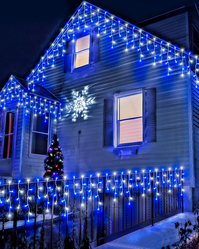106 FT Christmas Lights Outdoor, 972 LED Waterproof Outside Christmas Lights Plug in, Connectable 8 Modes Hanging Fairy Lights with 216 Drops for House Eaves Yard Patio Blue and White