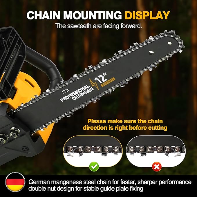 12 Electric Chainsaw Cordless, 20V Battery Powered Cordless Chain Saw, Chainsaw with 2 x 4.0Ah Lithium ion Battery and Charger for Wood Cutting, Tree Saw Trimming and Branch Pruning