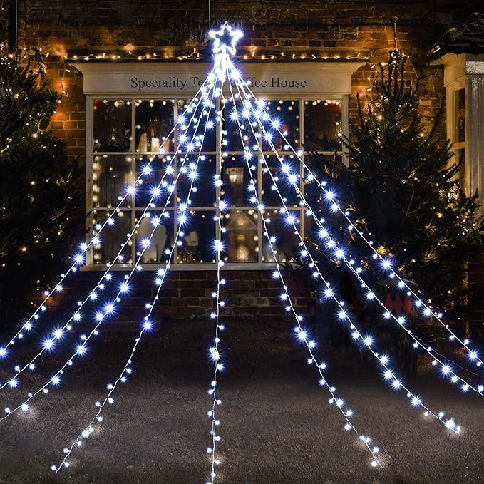 Yescom Cold White 12FT LED Waterfall Cone Tree Light with Star Finial 9 Strings 362 LED Star Lights Christmas Decoration Party Yard Outdoor