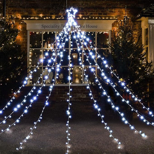 Yescom Cold White 12FT LED Waterfall Cone Tree Light with Star Finial 9 Strings 362 LED Star Lights Christmas Decoration Party Yard Outdoor