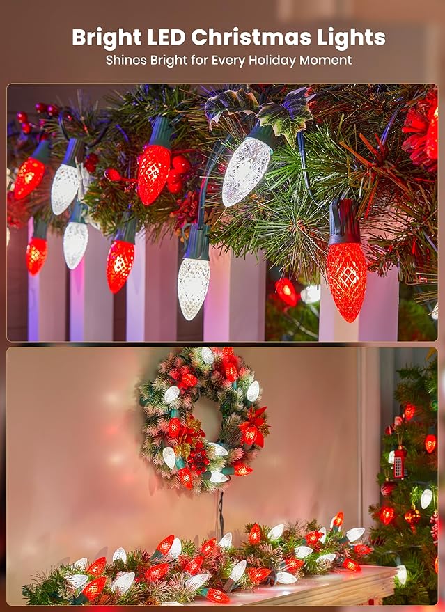 Christmas Pathway Lights Outdoor, 2 Pack 26 Ft 20 LED C9 Strawberry String Lights with Stakes, Connectable Waterproof Outside Christmas Lights Marker for Path, Lane, Patio Decor, Red & Pure White