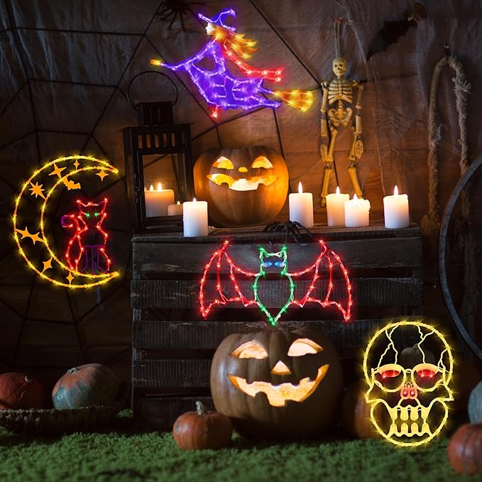 Halloween decorations16 Halloween Window Silhouette Lights Decorations - 4 Pack Colour Lighted Witch ＆ Bat ＆ Skull Head ＆ Cat on Moon for Holiday Indoor and Outdoor Wall Door Window Decorate